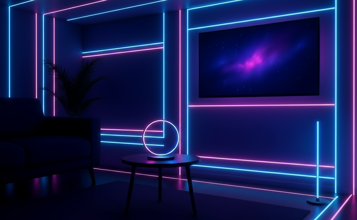 Modern room with a TV displaying a purple abstract image, a neon circle light, and a tall cylindrical light fixture.